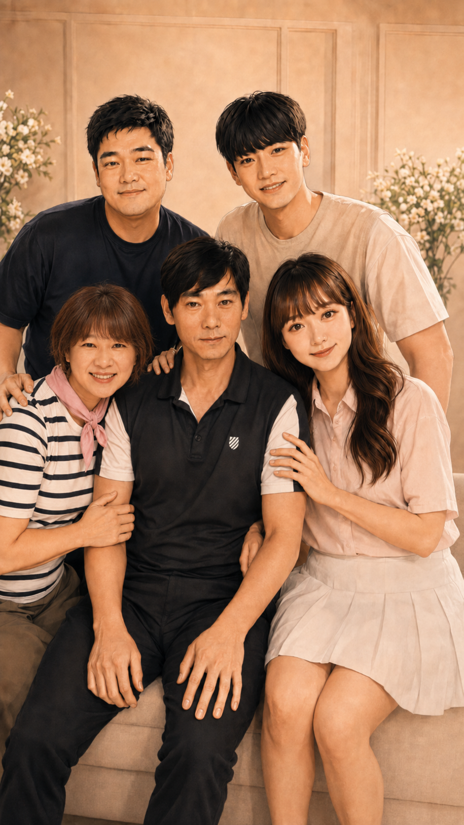 환갑을 맞은 아버지를 중심으로 어머니, 두 아들, 며느리가 함께한 따뜻한 가족사진 스타일 일러스트